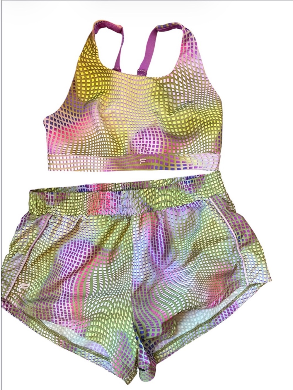 Matching Bundle Fabletics Women’s Multicolor Grid Print Sports Bra + Shorts Set